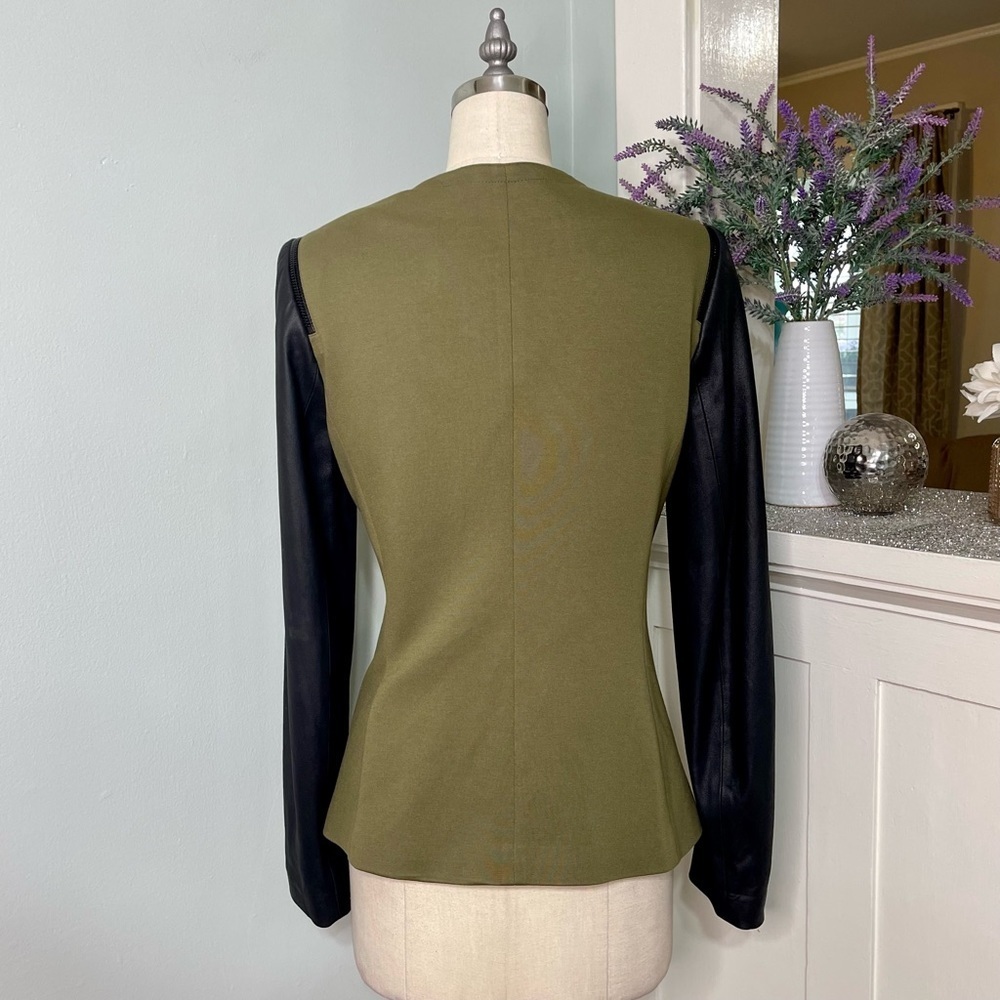 Theory Yaisa Pryor Leather Sleeve Blazer Jacket Olive Green & Black Large - Picture 6 of 16